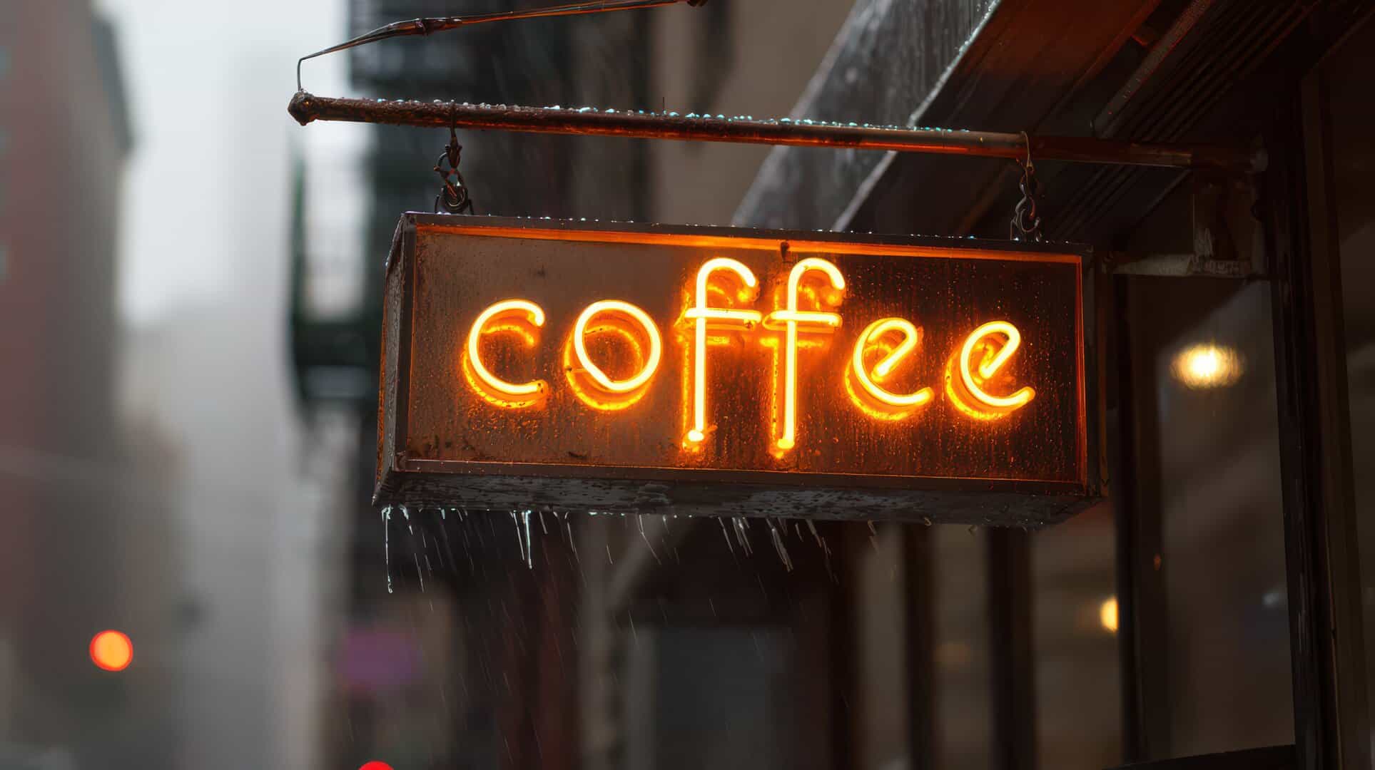 Vintage coffee shop sign with yellow neon lights
